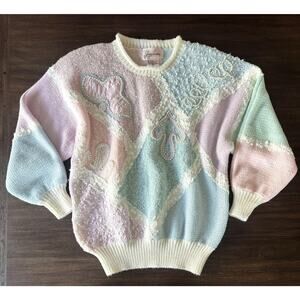 80s 90s Coquette Sweater Womens Medium Soft Pastel Beaded Knit Shoulder Pads